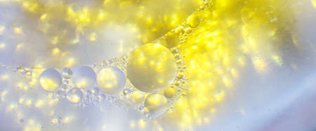 Gold Oil bubbles close up. circles of water macro. abstract shiny yellow background. bannerの写真素材