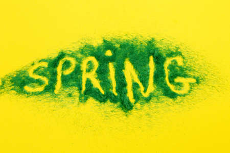 The inscription Spring from a decorative green grass on a yellow background.の写真素材