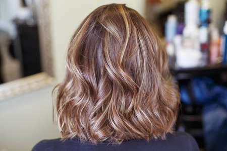 brunette woman with shiny brown curly hair back view in salon.の写真素材