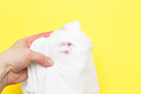 Woman holding a white shirt with red kiss lipstick on a yellow backgroundの写真素材