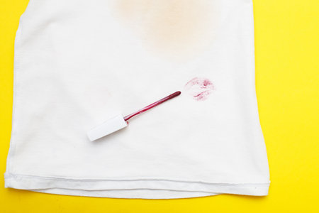 red lipstick on a white clothes with dirty stain from kissの写真素材
