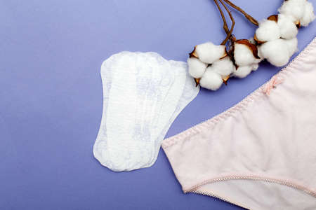 pink women's briefs with flower cotton and panty liners on a purple background. hygiene and women's health care concept.の写真素材