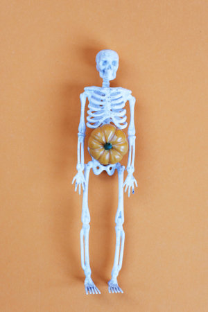 pumpkin skeleton on orange background. halloween concept.