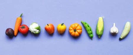 many vegetables and fruits on purple background. healthy food concept. bannerの写真素材