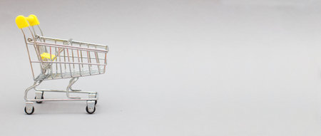 The metal shopping cart on a gray background. banner.の写真素材