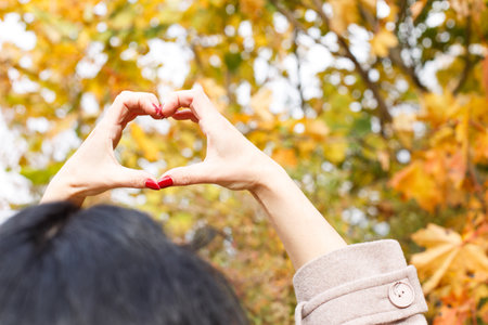 A woman with red manicure fingers making a heart shape from hands on a autumn background.の写真素材