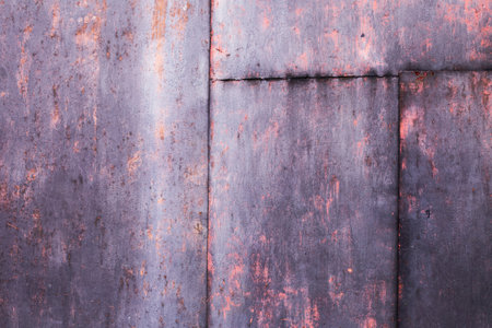 Pink, vinous, burgundy metal abstract background. Texture of an old red grunge metal plate with dripping stained cracked paint. Scratched rusted painted wall with brush strokes of paint.の写真素材