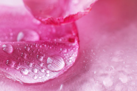 close up pink fresh flowers petals of tulips with a water drops, wet petals, natural spring backgroundの写真素材