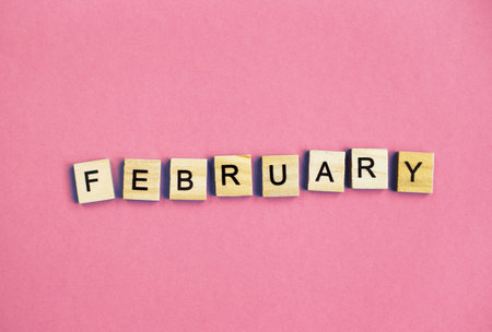 inscription February made by wooden cubes on a pastel pink backgroundの写真素材