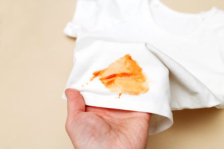 womans hand hold white shirt clothes with ketchup stain on a beige background.の写真素材