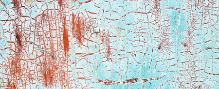 Rusty turquoise metal abstract background. Texture of an old blue grunge metal plate with cracked paint. Rusted white and browm painted wall.の写真素材