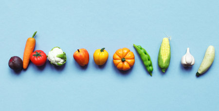 many vegetables and fruits on blue turquoise background. healthy food concept. Bannerの写真素材