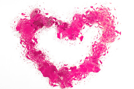 Pink heart under glass with water drops. abstract background with drops of water and painted heart on the surface. Valentines day background, love, date conceptの写真素材