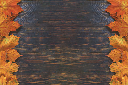 Autumn Leaves over wooden background. Autumn leaves frame.の写真素材
