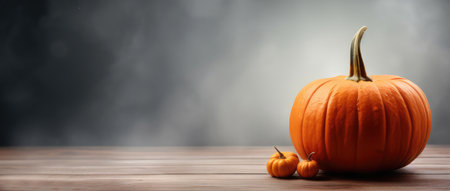 Three orange pumpkin on a wooden table with fog and smoke background with copy space. Halloween sale concept.の素材