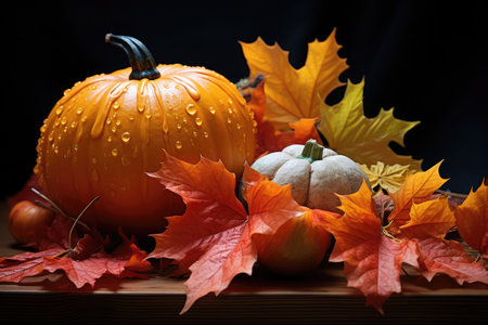 Autumn still life with wet pumpkins with drops of water and maple leaves on a dark wooden background. Thanksgiving Day and Halloween concept.の素材