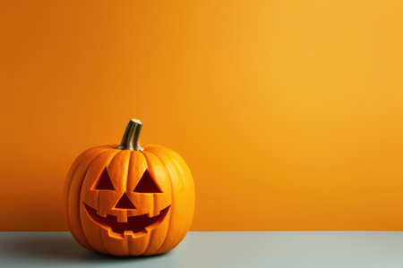 Halloween orange pumpkin with a scary carved face design with copy space on orange background. Halloween greeting card and sale concept.の素材