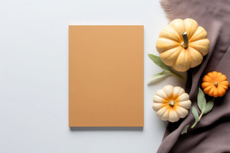 Top view of autumn still life with empty blank for copy space with background of pumpkins and beige textile on a white. To do wish list and Thanksgiving day concept. Halloween sale.の素材