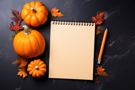 Top view of autumn still life with wish list or invitation to Halloween party with empty blank for copy space with background of pumpkins and leaves. To do list and Thanksgiving day. Halloween sale.の素材