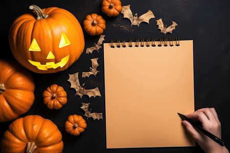 Top view of human hand writing a wish list or invitation to Halloween party on a notebook with background of pumpkins and bat. Autumn to do list mock up and thanksgiving day concept.の素材