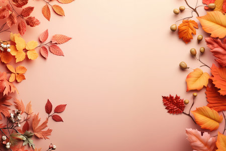 Top view of colorful red and yellow different autumn leaves on a pink background with copy space for your text. minimalist fall background.の素材