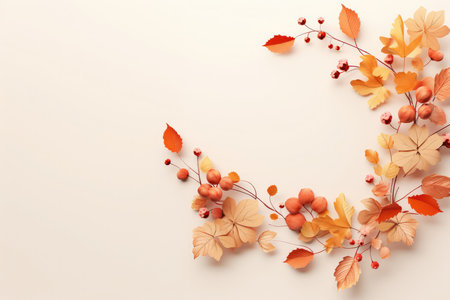 Top view of colorful red and yellow different autumn leaves on a pink background with copy space for your text. minimalist fall background.の素材