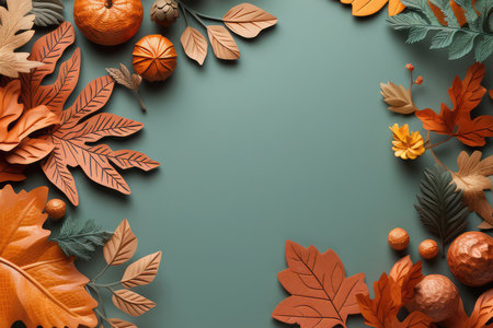 Top view of colorful red and brown different autumn leaves on a green background with copy space for your text. minimalist fall background.の素材