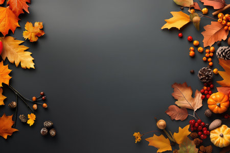 Top view of colorful red and yellow different autumn leaves with pumpkin and rowanberry on a black background with copy space. minimalist fall background. autumn still lifeの素材