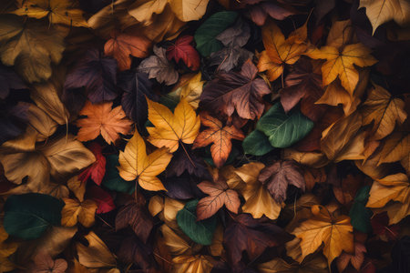 Colorful green, red, golden and yellow autumn leaves background. Minimalist fall background and autumn still lifeの素材