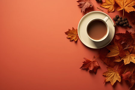 White cup of brown coffee with autumn leaves on an orange red background with copy space. Top view.の素材