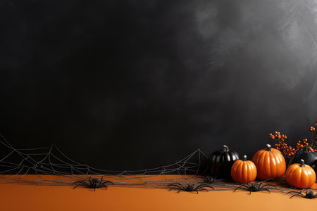 Halloween pumpkins and spider webs on a black and orange background with copy space. Smokey background. Halloween and horror concept.の素材