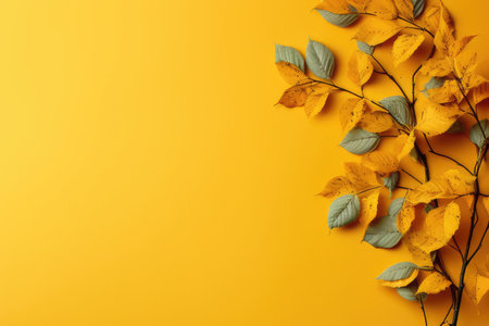 Top view of golden and green autumn leaves with a copy space for your text on a yellow background. minimalist fall background. autumn still lifeの素材