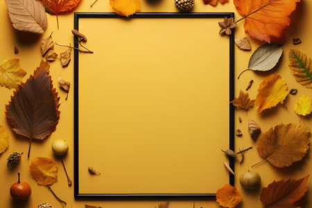 Top view of colorful red and yellow different autumn leaves with a frame for your text on a yellow background with copy space. minimalist fall background. autumn still lifeの素材