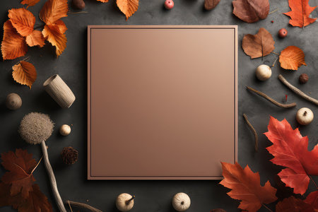 Top view of colorful red,brown and yellow different autumn leaves with a frame for your text on a dark black background with copy space. minimalist fall background. autumn still lifeの素材