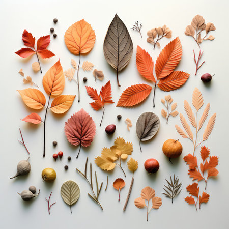 Top view of colorful red and yellow different autumn leaves on a white background with copy space for your text. minimalist fall background.の素材