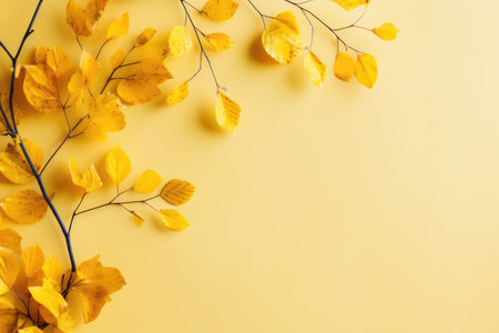 Top view of golden autumn leaves with a copy space for your text on a yellow background. minimalist fall background. autumn still lifeの素材