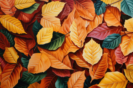 Colorful green, red, golden and yellow autumn leaves background. Minimalist fall background and autumn still lifeの素材