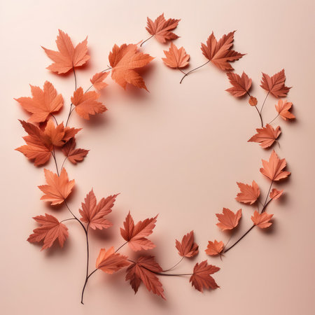 Top view of colorful red different autumn leaves on a pink background lying in a circle with a frame for copy space. minimalist fall background.の素材
