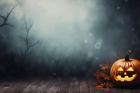 Halloween orange pumpkin with a scary smiling luminous carved face design with copy space on a fog smoke dark wooden background. Halloween greeting card and sale concept.の素材