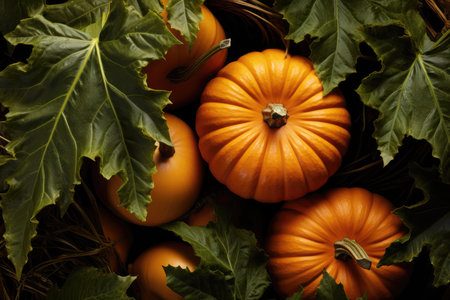 Top view of autumn still life with orange pumpkins with green big leaves on a dark background. Thanksgiving Day and Halloween concept.の素材