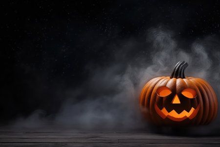Halloween orange pumpkin with a scary smiling luminous carved face design with copy space on a fog smoke dark wooden background. Halloween greeting card and sale concept.の素材
