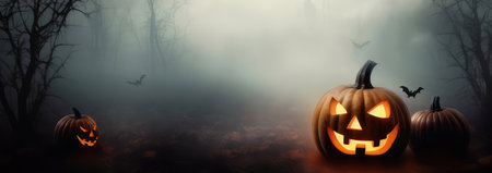 Halloween pumpkin with a scary luminous face on autumn leaves in magic forest with flying bat, moon and mysterious silhouette of trees branches in night with copy space on fog smoke dark background.の素材