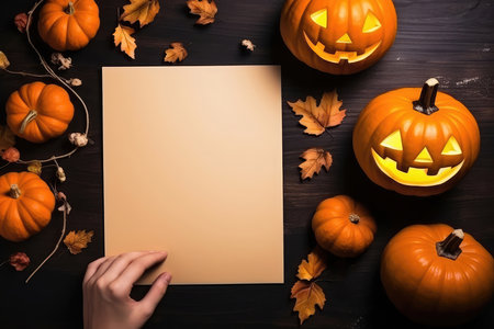 Top view of human hand on a wish list or invitation to Halloween party on a notebook with background of pumpkins autumn leaves. Autumn to do list mock up and thanksgiving day concept.の素材