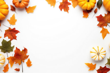 Top view of autumn pumpkins and different colorful leaves in a frame for copy space on a white background. Thanksgiving Day and Halloween concept. Autumn mock upの素材