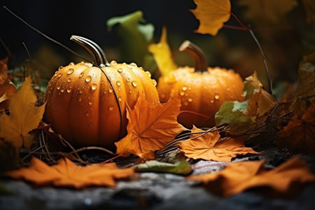 Autumn still life with wet pumpkins with drops of water and maple leaves on a dark background. Thanksgiving Day and Halloween concept.の素材