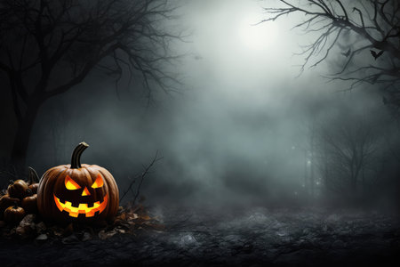 Halloween pumpkin with a scary luminous face on autumn leaves in magic forest with flying bat, moon and mysterious silhouette of trees branches in night with copy space on fog smoke dark background.の素材