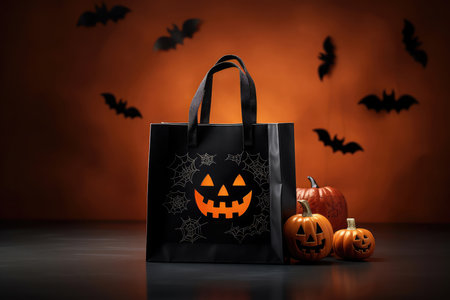 Paper black shopping gift bag with flying bat and pumpkins with smiling carved face design on an orange background with copy space. Halloween shopping and sale concept.の素材