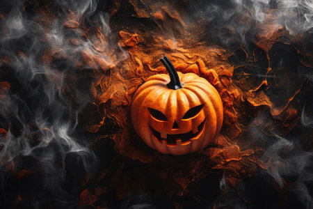 Top view of Halloween autumn orange pumpkin on a fog smoke dark background with copy space. Thanksgiving Day and Halloween sale concept.の素材