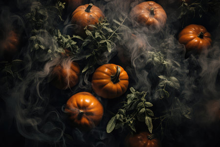 Top view of autumn orange pumpkins with green big leaves on a fog smoke dark background. Thanksgiving Day and Halloween concept.の素材