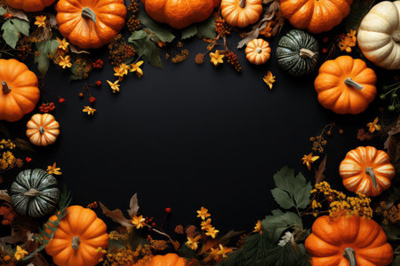 Top view of autumn pumpkins and different green leaves frame with copy space on a dark black background. Thanksgiving Day and Halloween concept. Autumn mock upの素材